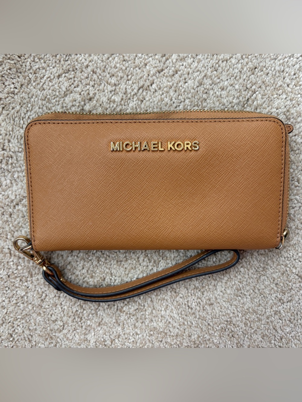 Michael Kors Cognac Saffiano Leather Wristlet with Gold Logo